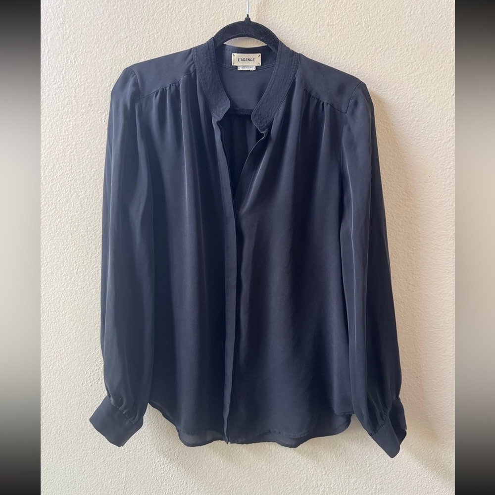 L'agence Bianca 100% Silk Black Long Sleeve Hidden Button Shirt size L